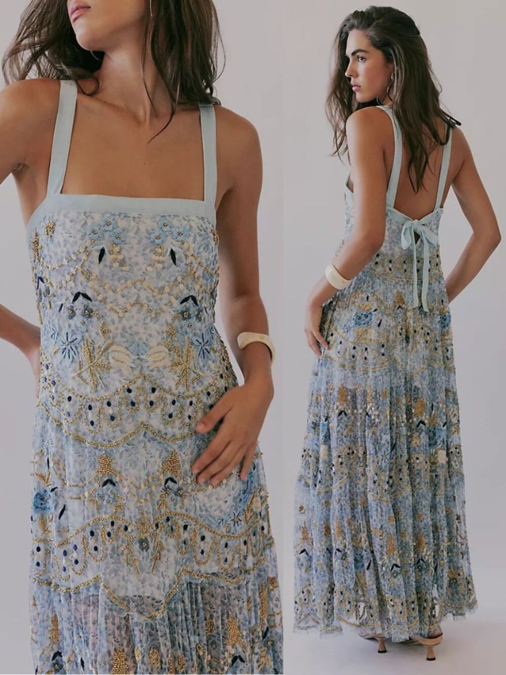 Free People Goldie Dress Porcelain Embroidered Beaded Floral Maxi NWT Size S - Picture 2 of 14